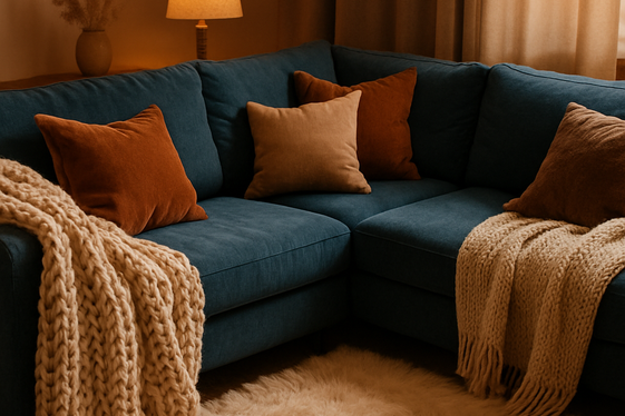 Layering Textures on Blue Sectional Sofas illustration