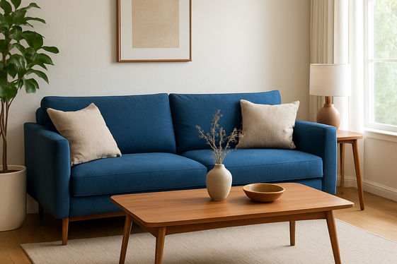 Pairing Blue Sofas with Warm Wooden Accents illustration