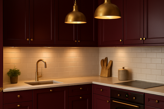 Deep Burgundy Cabinets Paired with Light Fixtures illustration