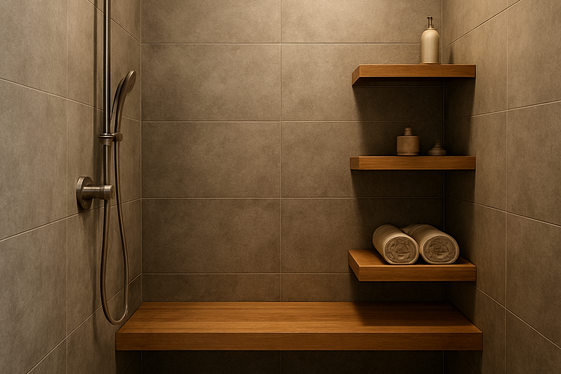 Mixing Gray with Warm Wood in Shower Design illustration