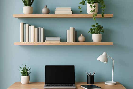 Light Blue Accent Wall with Floating Shelves illustration