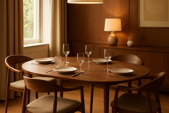 Warm Wood Tones and Sleek Chairs for Cozy Dining illustration