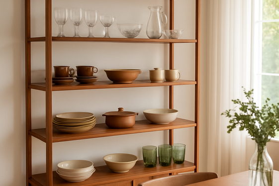 Open Shelving with Vintage Dishware Displays illustration