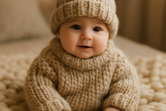Baby in Hand-knit Sweaters and Hats illustration