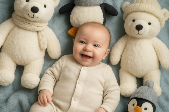 Baby with Plush Toys in a Snowy Scene illustration
