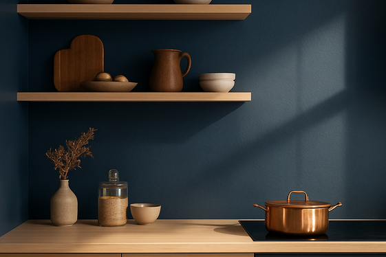 Moody Navy Blue Walls Paired with Light Wood Accents illustration
