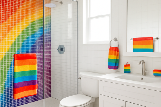 Rainbow-Themed Bathroom Accessories and Tiles illustration