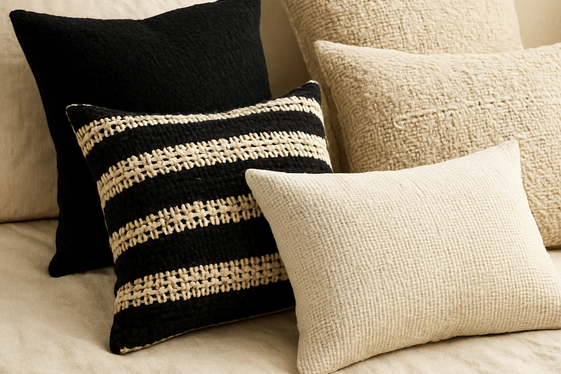 Add Black and Cream Throw Pillows with Different Textures illustration