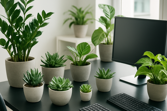 Black Desks Enhanced by Green Plants illustration