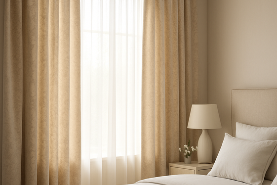Classic Beige Curtains with Subtle Grey Patterns illustration