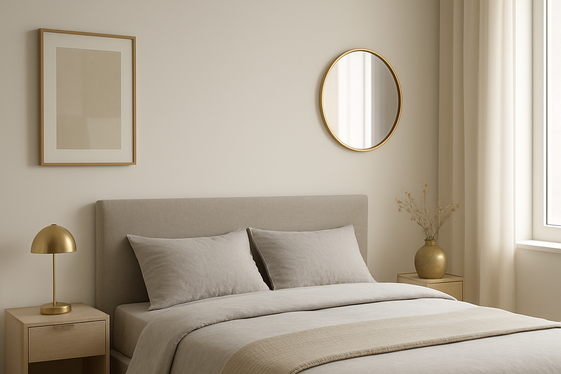 Minimalist Grey and Beige Bedroom with Pops of Gold illustration