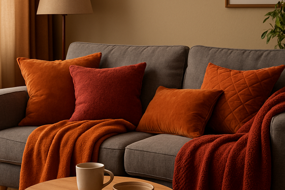 Layer Plush Throws and Pillows in Warm Tones illustration