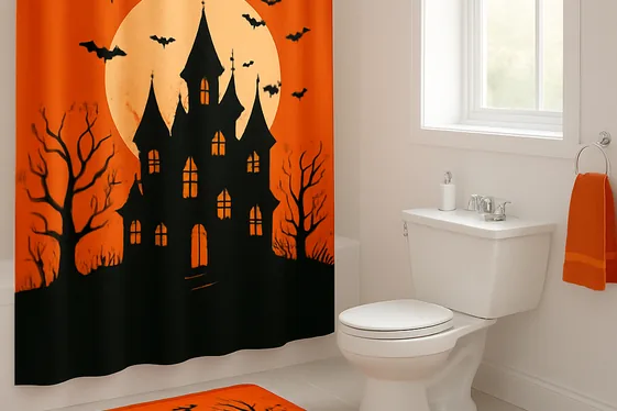 Orange and Black Themed Shower Curtains and Rugs illustration