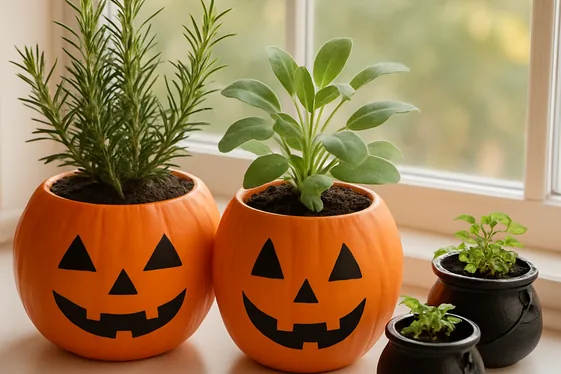 DIY Halloween Herb Garden with Themed Pots illustration