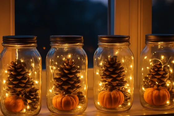 Glowing Jar Lanterns on Windowsills illustration