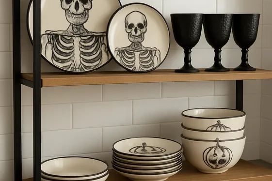 Halloween-Themed Dishes and Glasses Display illustration
