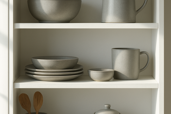 Open Shelving in White with Gray Accessories Display illustration