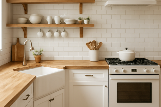 Add Warmth with Wooden Accents in a White Kitchen illustration