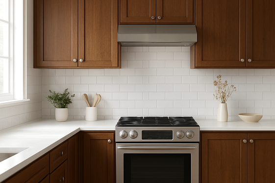 Brown Cabinets and White Backsplash Combo illustration