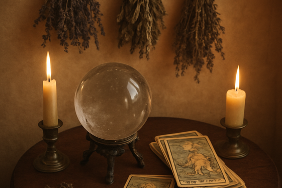 Witchy Crystal Ball and Herb Corners illustration