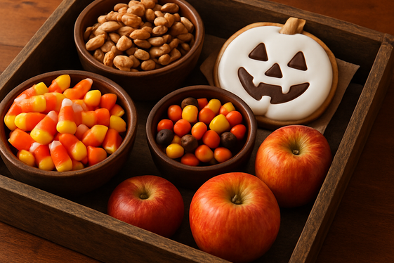 Rustic Wooden Trays Filled with Halloween Treats illustration