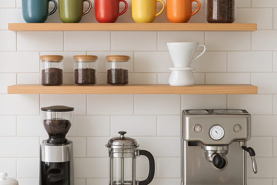 Open Shelving Showcases for Coffee Mugs and Beans illustration