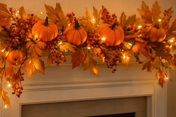 Autumn Garland with Mini Pumpkins and Leaves illustration