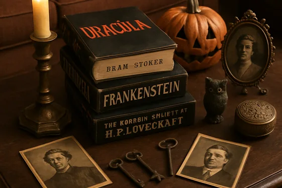Halloween-Themed Books and Vintage Decor illustration