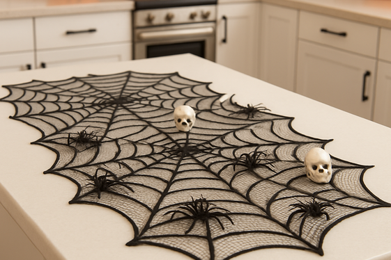 Spider Web Table Runner with Plastic Critters illustration