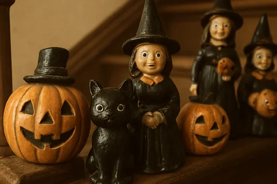 Vintage Halloween Figurines Along the Banister illustration