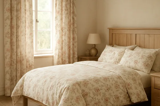 Simple floral prints on curtains and cushions illustration