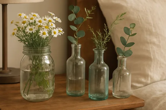 Decorating with mason jars and vintage glass bottles illustration