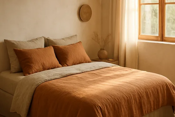 Soft linen bedding in warm earthy tones illustration