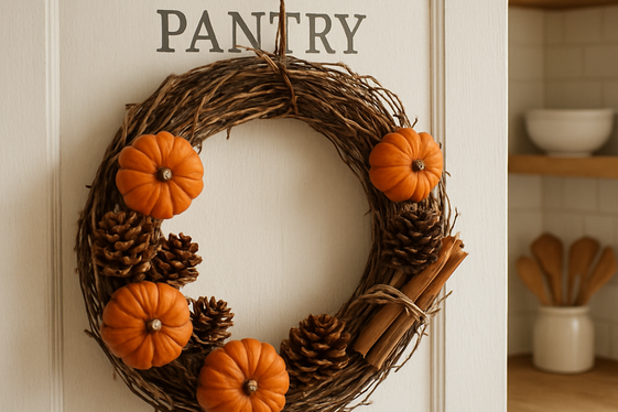 Add Wreaths Made of Natural Twigs and Mini Pumpkins illustration