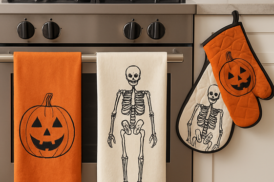 Halloween-Themed Tea Towels and Oven Mitts illustration