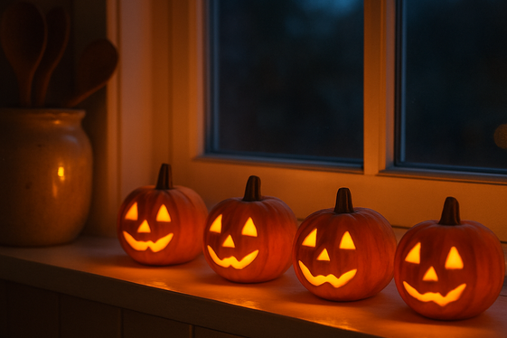Mini Jack-o’-Lanterns on Window Sills illustration