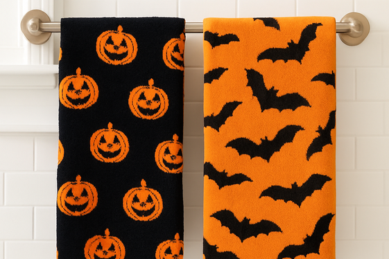 Black and Orange Hand Towels with Halloween Prints illustration