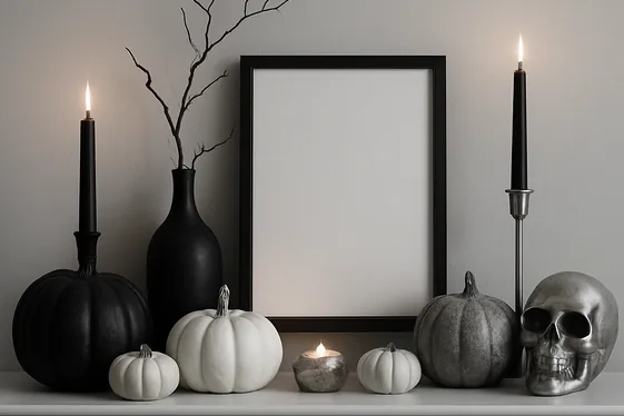 Monochrome Halloween Mantel Display illustration