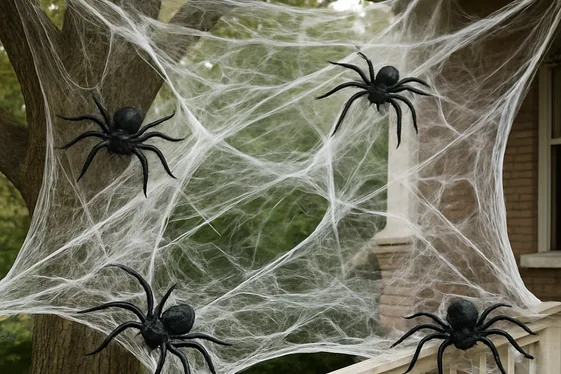 Eerie Spider Web Decorations with Fake Spiders illustration