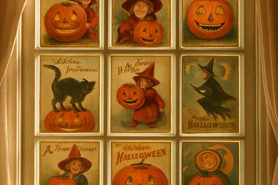Vintage Halloween Postcards as Window Collage Art illustration