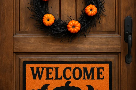 Spooky Welcome Mat and Door Wreath illustration