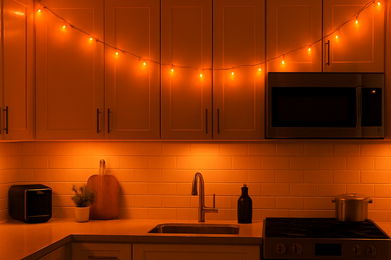 Orange Fairy Lights Draped Over Cabinets for a Cozy Glow illustration