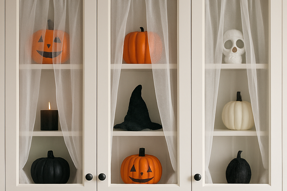 Ghostly White Sheer Fabric Curtains in Glass Cabinets illustration