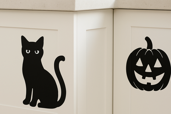 Black Cat and Pumpkin Stencils Painted on Cabinet Corners illustration