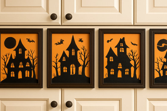 Haunted House Scenes Cut Out of Paper and Framed on Cabinets illustration