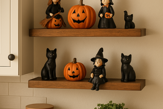 Miniature Halloween Figurines on Floating Shelf Cabinets illustration