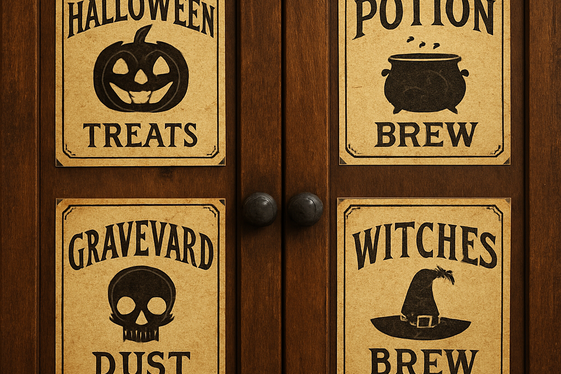 Vintage-Inspired Halloween Labels for Pantry Cabinet Doors illustration