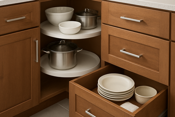 Double Down with Corner Drawers and Lazy Susans illustration