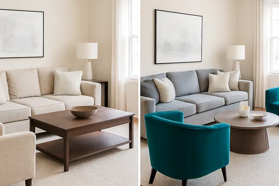 Before and After: Revamping Seating Areas Using Teal and Grey illustration