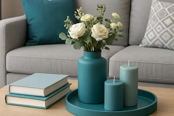 Steps to Style a Coffee Table in a Teal and Grey Living Room illustration